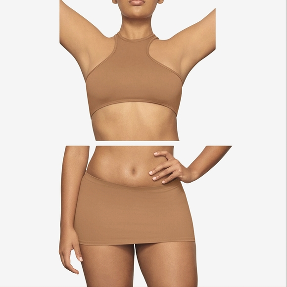 SKIMS 2 Pieces Swimming High Neck Racer Back Top & Mini Micro Swim Skirt - Picture 1 of 16